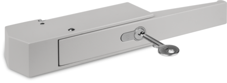Verschluss für Kühl- und Tiefkühlraumtüren Zink-Druckguss, EPS beschichtet grau RAL 7038, rechts und links verwendbar, mit Profil-Zylinder und 3 Schlüsseln, verschiedenschließend