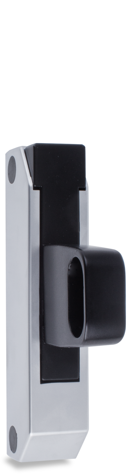 Schubladenverschluss Zink-Druckguss, EPS beschichtet schwarz RAL 9005, Kappe Kunststoff, matt verchromt, ohne Zylinder, seitliche Montage, Höhe Halterung 49 mm