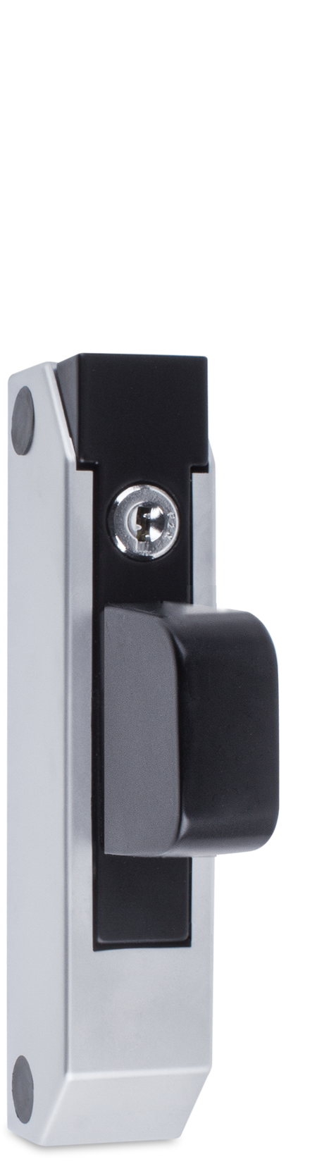 Schubladenverschluss Zink-Druckguss, EPS beschichtet schwarz RAL 9005, Kappe Kunststoff, matt verchromt, mit Zylinder, mit 2 Schlüsseln, verschiedenschließend, seitliche Montage, Höhe Halterung 29 mm
