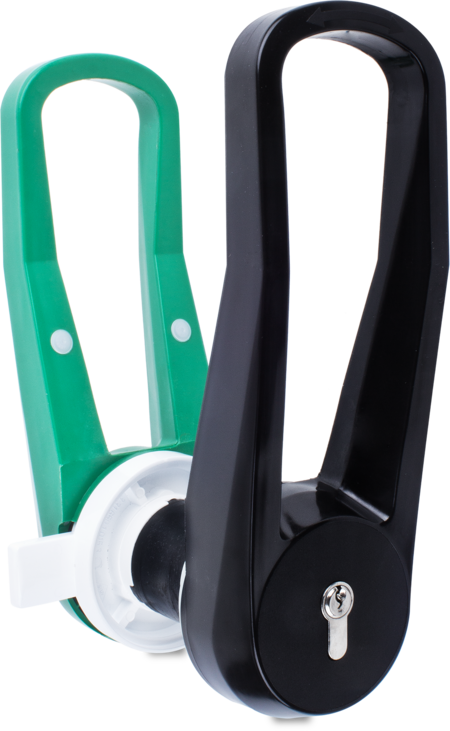 Mehrpunktverschluss für Kühl- und Tiefkühlraumtüren Kunststoff PA6, Außenhebel schwarz, Innenhebel grün, rechts, Türstärke 80 mm, integrierte Notauslösevorrichtung, mit Profilzylinder und 3 Schlüsseln, verschiedenschließend