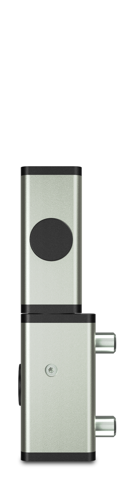 Eckscharnier 2-teilig Edelstahl, gesandstrahlt, rechts, steigend, aushängbar, für Türen ab 35 mm Überschlag, mit Zapfen, mit schwarzen Abdeckkappen