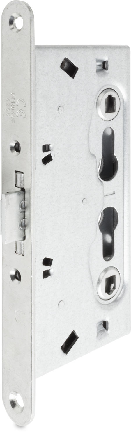 Einsteckschloss für Feuerschutztüren H 80, Stahl weiß cB verzinkt, mit Wechsel, für 2 Profilzylinder vorgerichtet, Entfernung 72 mm, Dornmaß 65 mm, Vierkantnuss 9 mm, Stulp 235 x 24 x 3 mm, DIN rechts / links verwendbar