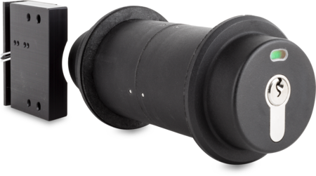 Bolzenschließung für Schiebetüren, Kunststoff PA6, schwarz, rechts, Türstärke 76 - 100 mm, mit Profilzylinder und 3 Schlüsseln, verschiedenschließend, mit integrierter Notöffnung, optische Riegelstellungsanzeige, Einsatzbereich bis -25° C, mit Magnet +